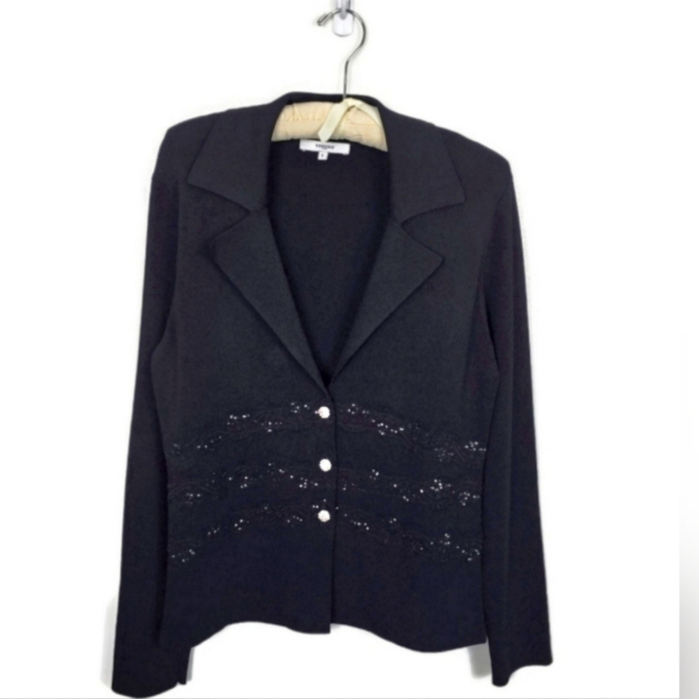 Vertigo Paris Y2K Lace Sequin Rhinestone Plunge Cardigan Black Large